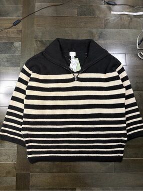 H&M Black & Cream Striped Quarter Zip Oversized Sweater XL NWT